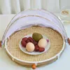 1PC Bamboo Tent Baske Round Hand-Woven Fruits Food Container Serving Mesh Cover Tent Dustproof Storage Basket Kitchen Tools Y220526