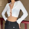 Women's Blouses & Shirts 2022 Women Shirt Deep V-Neck Short Tops Long Sleeve Metal Decoration Ribbed Crop Casual Pure Color Navel