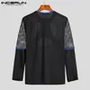 Mężczyźni T Shirt Mesh Patchwork Przeglądaj przez O-Neck Z Długim Rękawem Streetwear Hollow Out Topy Sexy Fitness Mężczyźni Clothing Concen 7 220407