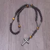 Pendant Necklaces 8mm Lava Stone With Hematite Cross Catholic Rosaries Men's Rosary Beads Natural Tiger Eye Stones Necklace For ManPenda