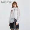 Twotwinstyle Summer Casual Mesh Perspective Thin Women Shirt Lace Up Bow Collar Long Sleeve Loose Slim Button Female Tops 210326
