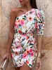 Summer Dress One Shoulder Floral Print Bodycon Women Sleeve Plunge Oregelbundet sexigt parti ES Vestidos de Mujer 220521