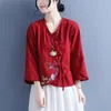 Ropa étnica Blusa de lino de algodón Mujeres Tradicional Bordado de flores Hanfu Tops Sueltos Diario Casual Dama Oriental Tang Traje Blusa Étnica