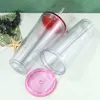 24oz heldere acryl plastic dubbele wandtumbler herbruikbare plastic mokken met gekleurde platte deksels drinkstrepen buiten draagbare waterfles b6