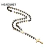 Meaeguet, collar de Rosario largo de Color negro/dorado para hombres y mujeres, cadena de cuentas de acero inoxidable, colgante de Cruz, joyería de regalo para hombres y mujeres