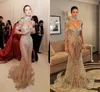 Kendall Jenner Long Nude Mermaid Prom Dresses Luxury Crystal Evening Dress See Through Black Girls Graduation Party Gown