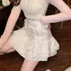 Houzhou Kawaii Lolita Mini Spódnice Kobiety Jesień Zima Fairycore Japońskie Słodka Wysoka Talia Bandaż Koronki Różowa Wzburzyć Spódnica Warstwa 220317