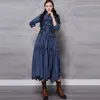 Casual Dresses Spring Vintage Elegant Printed Irregular Denim Asymmetric Pleated Women Retro Mid-sleeved Ruffle Maxi Long DressCasual