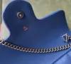 RealFine Tassen 5A 476433 16.5cm Super Mini Marmont Blauw Lederen Gewatteerde Portemonnee Schouder Handtas Voor Vrouwen Met Doos + Stofzak