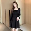 Casual Dresses Women Autumn Sexy Square Collar Bandage Dress Slim Long Puff Sleeve Pleated Bustier Satin Mini Bodycon Party Club VestidoCasu