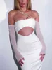 Bonenccel One Shoulder Långärmad Satin Midi Dress Sexig Off Shoulder Cut Out Bodycon Klänning Elegant Mesh Club Party Dress White Y220401