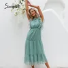 Summer Loose Casual Ruffled Women's Dress Holiday Beach Green Buttoned Long Dress Elegant Lady Sleeveless Vestidos 220511