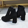 Botas sólidas pretas outono de inverno de inverno sapatos mulheres mulheres zíper cristal diamante quadrado salto alto tornozelo plus size 42