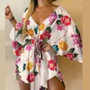 Casual Leaf Leopard Print Harajuku Batwing Sleeve Dress Lady Elegant Lace-Up Irregular Party Dress Sexy V-Neck Women Mini Dress 220510