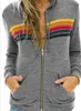 Moletom Feminino Moda Moda Feminina Moletom Com Capuz Oversized Rainbow Stripes Manga Longa Moletom Com Zíper Bolso Casaco Jaqueta Primavera Casual V