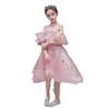 Adorável blush cor-de-rosa flor vestidos de menina para casamento 2022 CAP manga jóia princesa crianças vestidos de festa com laço apliques vestido de menina