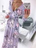 Fashion V-Neck Wrap Pleated Party Maxi Dress Sexy Retro Floral Print Slit Dress Mujer Women Summer Long Sleeve Print Boho Dress Y220418