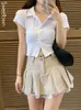 Sweetown Korean Fashion Khaki Short Lace Trim Cute Pleated S Preppy Style Button Up High midje Summer Kjol D220618
