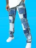 2022 Nieuwe hoogwaardige hiphop heren jeans ontwerper rechte broek zipper kleurblok mode niet-stretch patches losse sport zand gewassen denim wide been broek