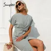 Cotton knotted straight women dress Casual O neck chic split dress Elegant green loose short sleeve ladies midi dress 220511