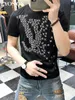 Camiseta masculina de algodão Tops de verão Drill Curto Slim Fit Plane Rhinestone Designs Impresso tamanho maior Homme Tee Clothing