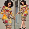 Afrikanischer Stil Blumendruck Retro für Frauen elegante Mode vneck Bodycon Plus Size Midi Kleider Langarmes Vestidos 220725