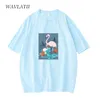 WAVLATII Donne Light Blue Flamingo Pattern Magliette Donna Nero Casual Tees Lady Manica corta Top per l'estate WT2121 220511