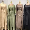 3-teiliges passendes Set für Damen, muslimisches Leinen, Dubai, arabisches bescheidenes Outfit, Kimono, offener Abaya, Maxikleid, Wickelrock, Ramadan, Eid-Party 220713