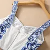 Correia de espaguete de verão Duas peças saia de duas peças pescoço azul paisley impressão algodão camisole superior na cintura alta Terno