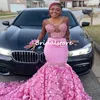 黒人の女の子ピンクのウエディングドレス2022 Aso Ebiエレガントな長袖マーメイドのイブニングガウンの花パールレースの婚約を着る特別な日のローブデソレ