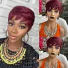 Burgundy Red Short Bob Straight Human Hair Wigs With Bangs Brazilian Virgin Pixie Cut Wig For Black Women