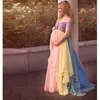 カジュアルドレスマデストミックスカラーシフォン女性マタニティフリル花の妊娠中の女性の長いドレスと花のサッシャー