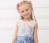 Werbowy New Real Real Princess White Top Blue Flower Girl 's Pageant Dreess Tea Length Tulle Infant Little Girl 생일 파티 드레스 hy1268