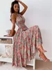 Hot style Women Dress Ethnic Print Tight Waist Wide Hem Dress Bohemian Off Shoulder Vintage Womens Halter Backless Beach Long Dresses