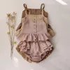 Baby-Mädchen-Anzüge Sommerkleidung Tops + Shorts Weste Harness Falbala Baumwollwäsche Leinenfarbige Outfits Bebe Säuglingskleidungssets 220326