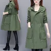 Spring Autumn Women's Windbreaker Casual Hooded Drawstring Female Trench Coat Outerwearies Mid Long Ladies Outerwear L220812