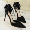 Sandals Women Dress Shoes Korean Version Sweet Pointed High Heels Shallow Mouth Silk Hollow Back Bow Thin Heeled 220326