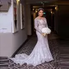 ASO EBI Pełne koronkowe ślub długie rękawy Sheer szyja nago rozmiar nago podszewca afrykańska sukienka ślubna syrenka vestidos de novia