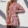 Été Boho Beach Dress Femmes À Manches Longues Une Épaule Imprimé Floral En Mousseline De Soie Robe De Soirée Élégant Volants Sexy Mini Robe Robe Ete 210414