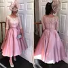 2022 elegante longitud del té corto una línea vestidos de madre de la novia media manga de encaje satinado de talla grande vestidos de noche invitados de boda formales