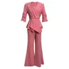 Office Lady 2 Piece Set Pink Elegant V Neck Fashion Irregular Pleated Sleeve Women Pants Suit 2022 Summer Formal Women Clothing T220729