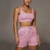 Summer Womens Short Sleeve Two Piece Loungewear Set Solid Color Athleisure Casual Outfits Tank Biker Shorts and Cropped Top Sets 2258M