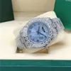 Montre Full Diamond Blue Dail President 128238 128239 Saphir Big Diamond Bezel 43mm 18K or blanc hommes montres-bracelets automatiques avec boîte d'origine