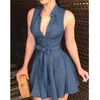 Summer Dress Women Sleeveless Mini Slim Fit Lace Up Short es Casual Solid Color V Neck Robe Female Over Size Vestidos 220613