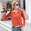 Tukbijczyk Wiosna Kobieta Slub Bawełna V-Neck z długim rękawem T-shirt Kobiety Gem Guziki Navy Blue Tops Moda Szycie T Shirt 220408