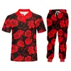 Herrspåriga 3D-män sätter byxor med tröjor 2-PCS kostym Hip Hop Red Flowers Print Floral Streetwear Drop Overizemen's