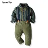 Top et automne garçons vêtements ensemble à manches longues rayé noeud papillon chemise s + jarretelle pantalon bébé enfant formel Gentleman costume 220326