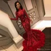 2022 African Black Girl Sparkly Red Mermaid Prom Dresses Paillettes con piume Abiti da sera a maniche lunghe Abito da cerimonia formale Cust265y