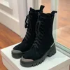 Strass Half Boots ontwerpers Zip dikke hak platform damesschoenen topkwaliteit Nubuck lederen gevechtslaarzen 5CM Lage hakken Lace Up Martin laars