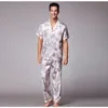 Män satin sömnkläder set kort ärm långa byxor tryck silk pajamas manliga casual hemkläder hösten öppen söm nattkläder t200813